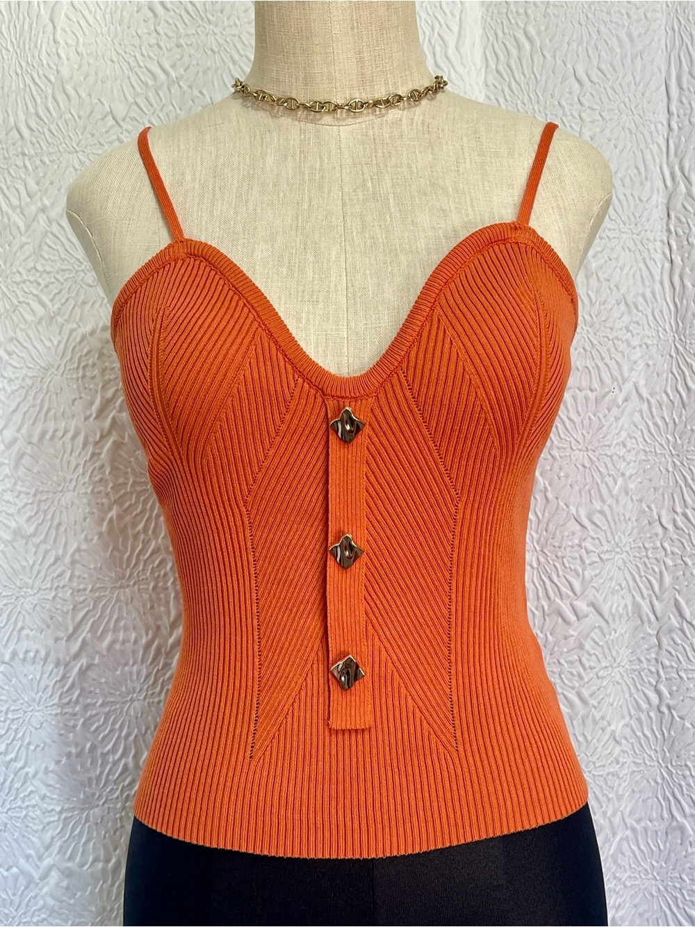 Orange Ribbed Sweetheart Cami with Button Placket